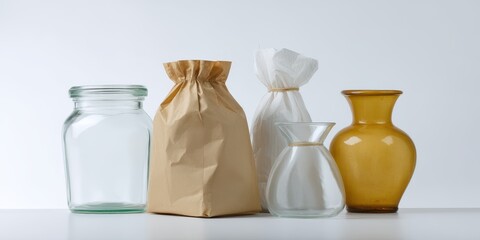 Sustainable Packaging Display Featuring Glass Jars and Compostable Pouches on Clean Surface