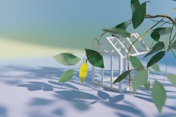 Sustainable House Frame Embraced by Green Leaves in Natural Harmony