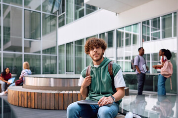 Smiling university student at campus looking at camera.
