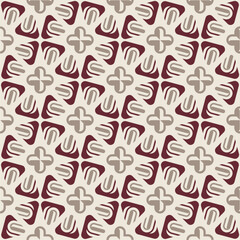 Modern ethnic geometric tile pattern featuring abstract floral shapes and earthy tones in maroon and beige. Perfect for wallpapers, textiles, and surface design with a contemporary cultural touch.