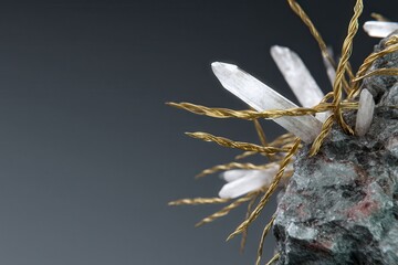 Translucent Quartz Crystals Growing from Dark Fractured Rock with Gold Pyrite Veins in Natural Mineral Formation