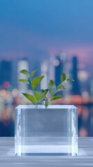 Transparent Acrylic Podium Featuring Digital Plant Growth and Electrochemical Battery Patterns at Dusk Urban Skyline