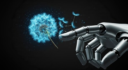 Robot hand touching dandelion hole seed