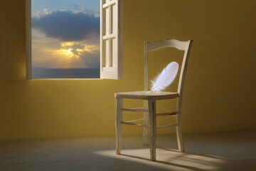 Weathered Wooden Chair Holds Feather Facing Sunset Over Calm Sea in Sunlit Room