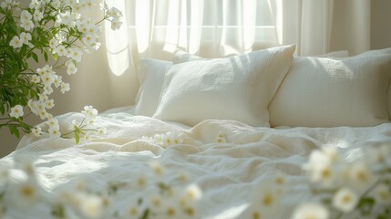 flower decorated bed closeup in white and green tones home decor concept