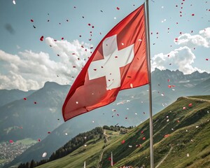 National day celebration August 1, Switzerland; Mountain Flag with Confetti
