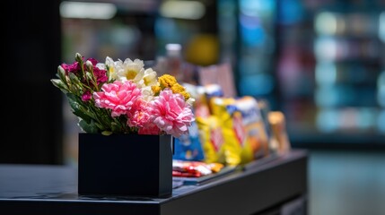 Wilted Flower Bouquet and Expired Snacks Displayed on Black Podium in Chaotic Supermarket Aisle