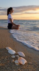 Woman Meditating Cross Legged on Sandy Beach at Sunrise with Seashells Focused Foreground
