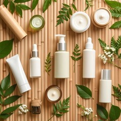 Fresh flat lay of various natural skin care products on bamboo background with forest hues