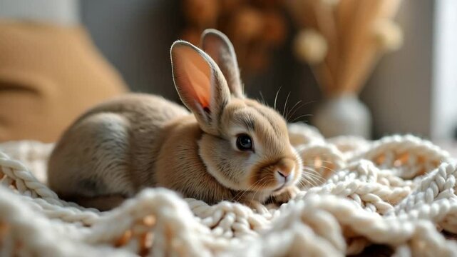 Adorable brown rabbit bunny Oryctolagus cuniculus resting on soft knitted blanket. Domestic pet rabbit enjoying cozy home environment. Cute bunny image perfect for pet blogs and websites.