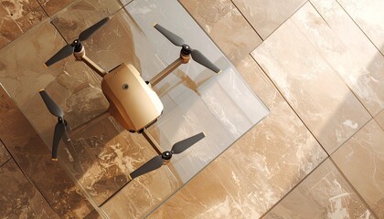 Elegant flat lay of a drone flying over a tiled floor with earthy shades and ambient glow