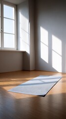 Yoga Mat Resting on Polished Bamboo Floor in Sunlit Minimalist Meditation Space