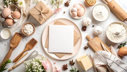 A table showcasing a variety of ingredients on a ceramic base with neutral color palette