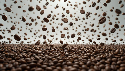 Flying Coffee Beans Above a Pile of Roasted Coffee Grounds