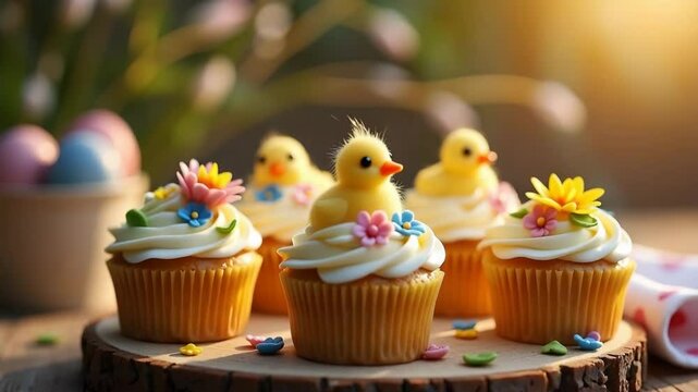 Easter cupcakes decorated with small yellow chicks and colorful flowers. Festive Easter cupcakes perfect for holiday celebrations. Delicious Easter treats for spring holidays,