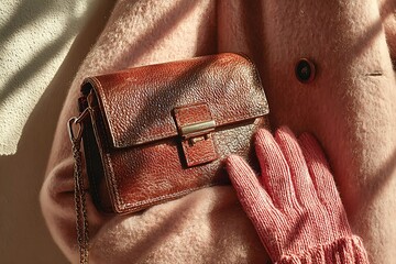 Close-up shot of a lady's accessories, showcasing a leather bag and a glove. The scene evokes feelings of luxury and fashion.
