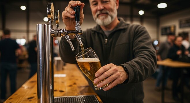 Man pouring golden craft beer from tap into glass at local brewery booth, warm lighting