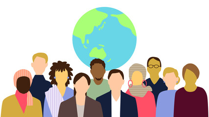 地球を背景に並ぶいろんな国の人物たちの上半身