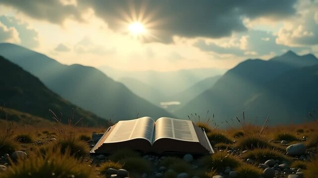 Open bible on mountain peak at sunset. Holy book rests on grassy hilltop overlooking majestic valley. Spiritual scene ideal for religious websites, inspirational posters, and faith-based publications.