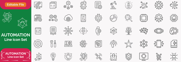 Automation line icon set with editable stroke, featuring intelligent process, finance automation, user interface, business model, digital optimisation, algorithm, BPM. illustration.