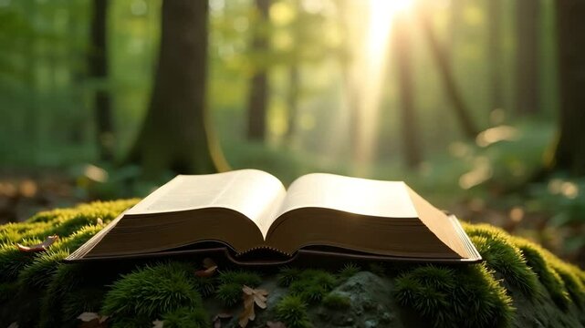 Open book on moss in forest. Book pages illuminated by sunlight. Spiritual reading in nature. Concept image for faith, religion, and peaceful contemplation.