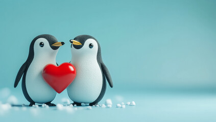 Cute penguin couple sharing love with red hearts floating on a gentle blue pastel backdrop