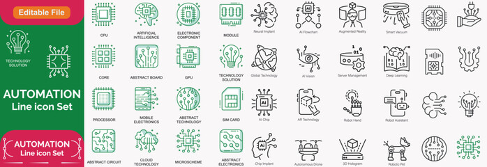 Automation line icon set with editable stroke, featuring intelligent process, finance automation, user interface, business model, digital optimisation, algorithm, BPM. illustration.