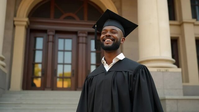 Happy graduate man in cap and gown smiling outdoors near university building.  Successful education completion, joyful expression, graduation ceremony celebration.