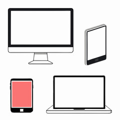  Realistic device flat Icons smartphone, tablet, laptop and desktop computer. Vector illustration on white background