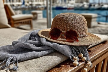 A stylish hat, sunglasses, and scarf resting on a wooden surface, with a blurred coastal view in the background