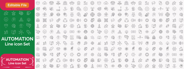 Automation line icon set with editable stroke, featuring intelligent process, finance automation, user interface, business model, digital optimisation, algorithm, BPM. illustration.