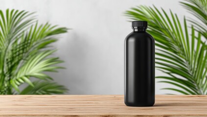 Black bottle on wooden table, tropical plants