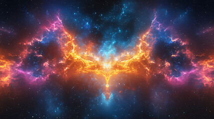 Fototapeta premium Majestic galaxy with orange wings and blue stars shining in deep space illustration