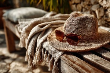 Relaxation scene of hat and sunglasses on a wooden bench