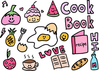 Cute drawings of smiling tomato, cupcake, watermelon, egg, hot coffee, pineapple, cherry, bread loaf, recipe book, milk for cartoon character, comic, grocery shopping, food, sticker, cook book, recipe