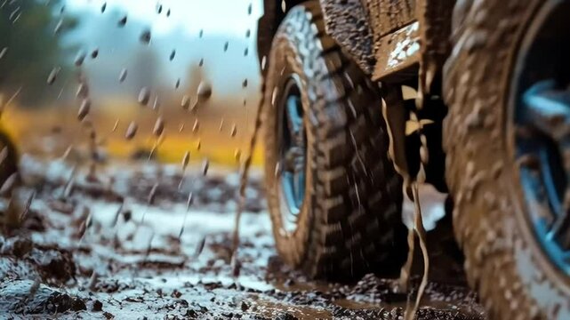 Muddy Wheels in Action: An off-road vehicle navigating a muddy terrain, its tires churning through the thick mud. Capturing the raw power, ruggedness, and adventurous spirit of off-roading.