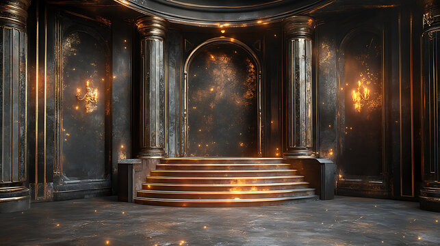 Majestic golden illuminated staircase in a dark architectural interior with pillars and ornate details creates luxurious atmosphere