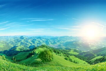 Naklejka premium Vibrant green hills under a bright sky