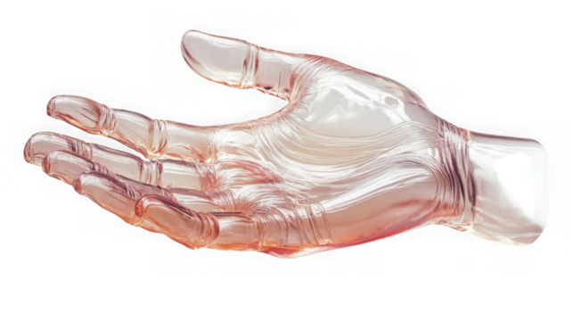Transparent pink glass hand reaching out with open palm isolated on transparent background