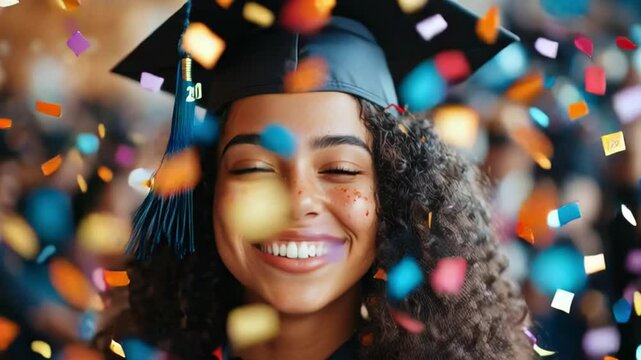Graduate's Joyful Milestone: An African American graduate, beaming with happiness, celebrates her academic achievement amidst a flurry of colorful confetti and wearing graduation cap.