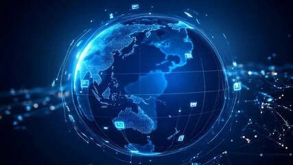 Global network connection concept featuring a glowing world map surrounded by digital data - Powered by Adobe