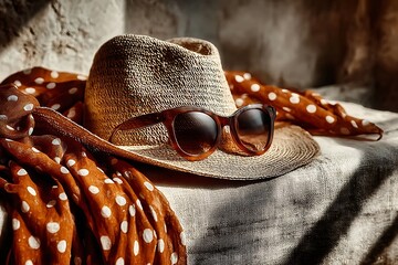 Sun hat, sunglasses and scarf set in the sun