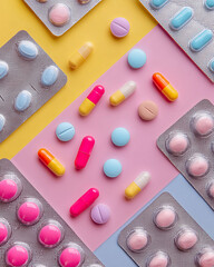 Top View of Scattered Colorful Pills, Capsules, and Blister Packs on Pastel Background with Space for Text