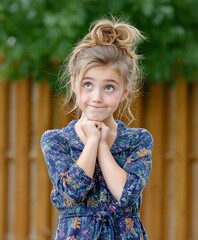 young girl with curious expression clasping hands under chin against blurred fence background