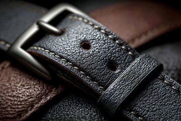 Close-up shot of a stylish leather belt with a metal buckle, highlighting its texture and design