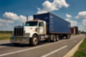 Blurry photo of container truck carrying large containers on highway with beautiful sunset.