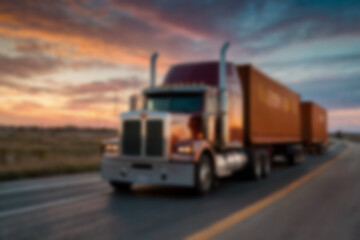 Blurry photo of container truck carrying large containers on highway with beautiful sunset.