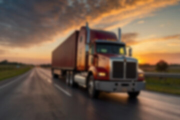 Blurry photo of container truck carrying large containers on highway with beautiful sunset.