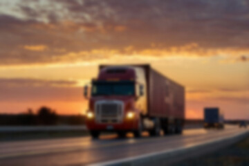 Blurry photo of container truck carrying large containers on highway with beautiful sunset.