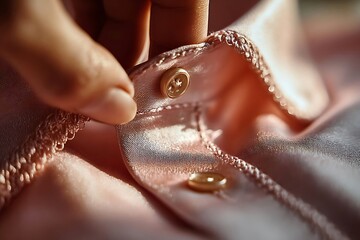 Close-up shot of a hand fastening buttons on a light pink garment.  The fabric has a soft texture and delicate stitching.